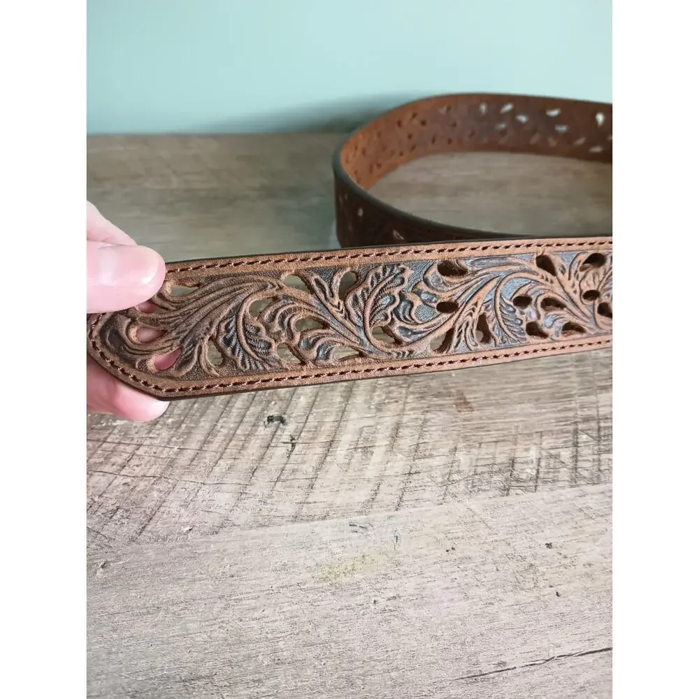 Tony Lama Womens Bark Pierced Filigree Trophy Belt 36 Tooled Leather Western